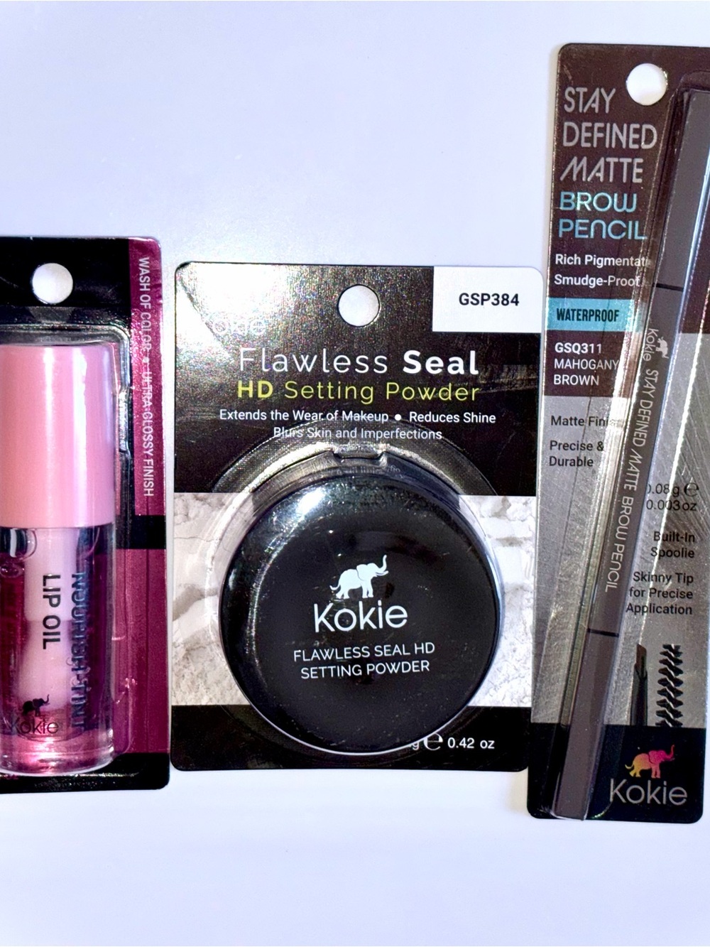 3 PC Kokie Cosmetics Bundle: Brow Pencil, Lip oil, Setting Powder ALL NEW